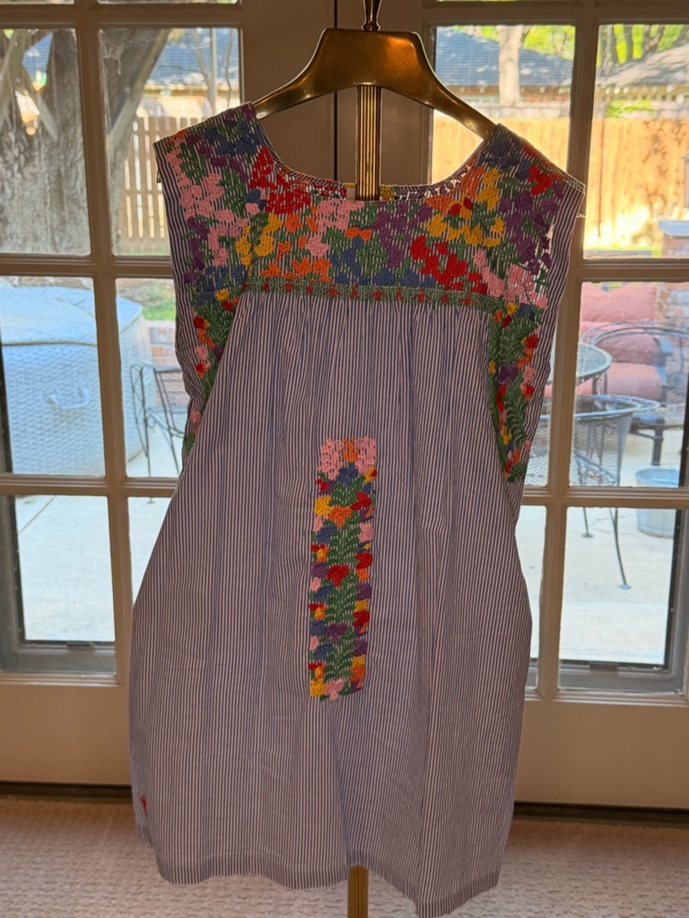 Blue Striped Midi Dress with Multicolor Floral Yoke